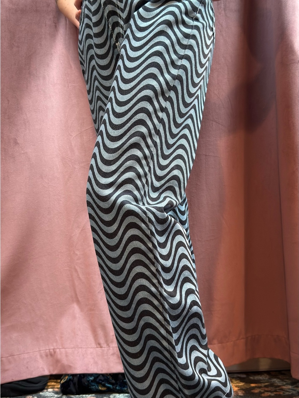 The Ragged Priest Wavy Print Wide Leg Jeans Blue Black Size 26
